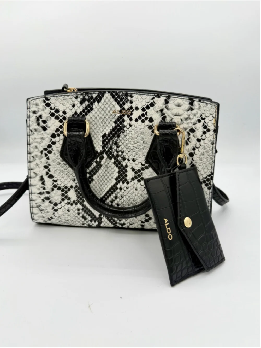 Women's ALDO Satchel Bag One Size White Black Snakeskin Print